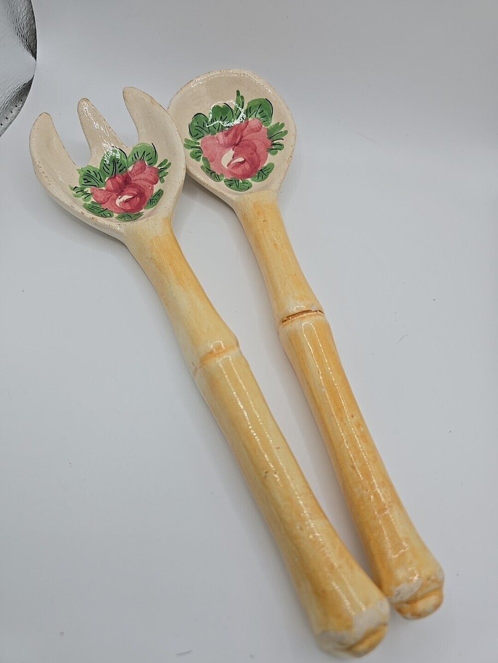 Vtg Hand Painted Pottery Serving Set Kitchen Decor Italy Fork Spoon damaged